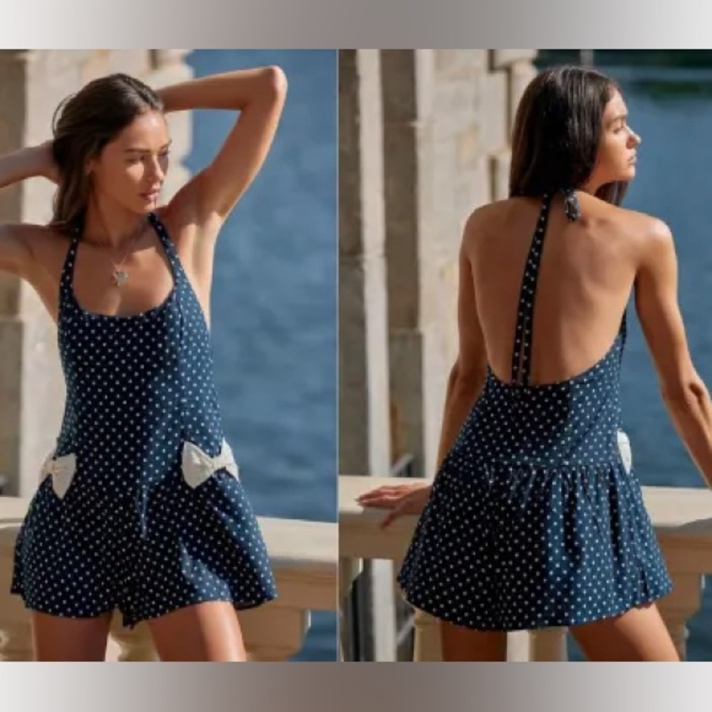 Free People Navy Polka Dot Halter Romper with White Bow